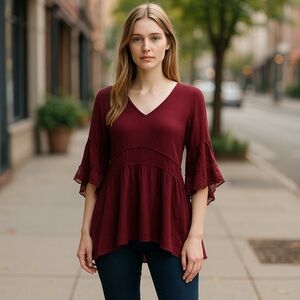 Free People Women’s Burgundy 3/4 Lace Sleeves Bohemian Chic Tunic Dress Size XS